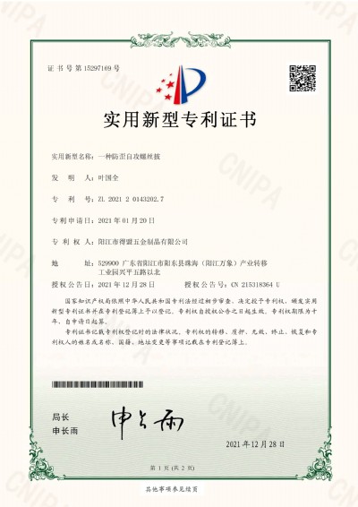 專利 一種防歪自攻螺絲披